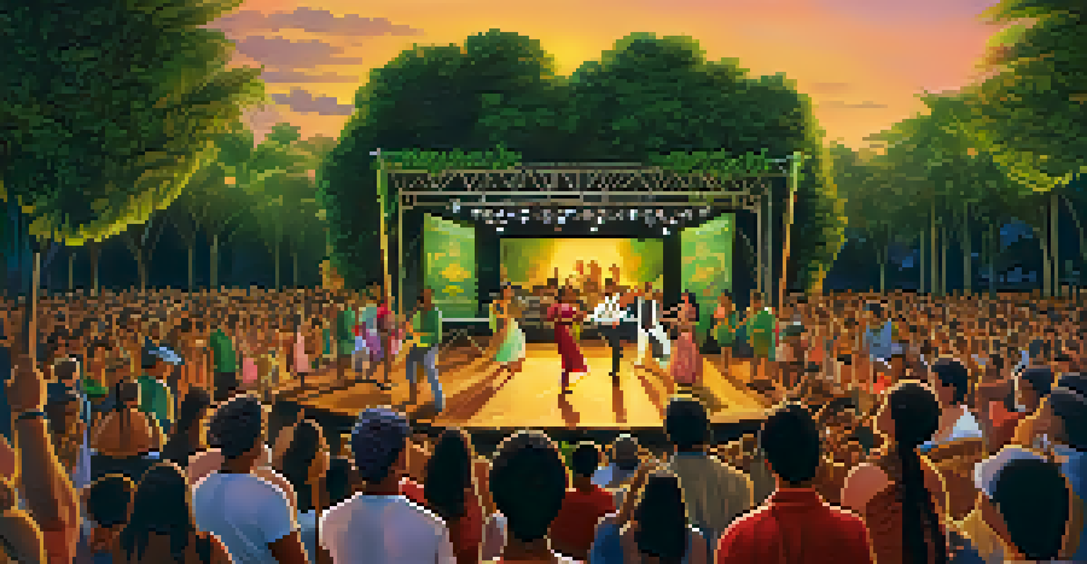 An outdoor stage at a Brazilian folklore festival with musicians and a diverse audience dancing, set against a backdrop of greenery and sunset.