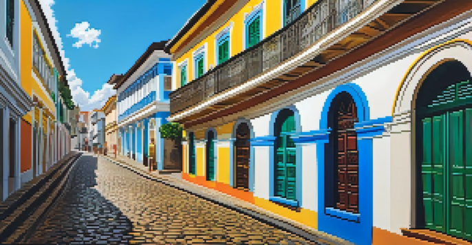 A lively street in Salvador's Pelourinho district with colorful colonial buildings and cobblestone streets, filled with people enjoying the warm sunlight.