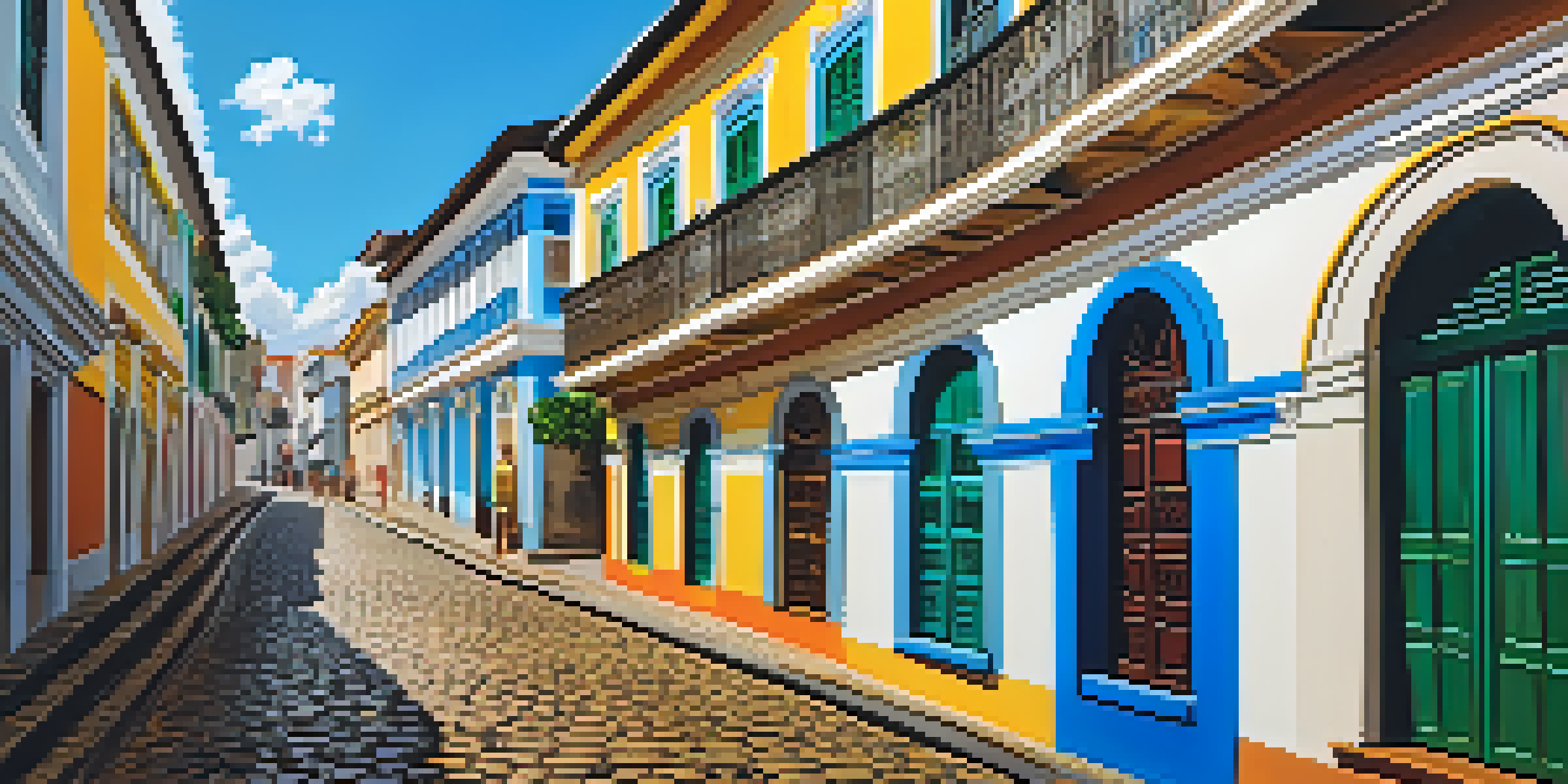 A lively street in Salvador's Pelourinho district with colorful colonial buildings and cobblestone streets, filled with people enjoying the warm sunlight.
