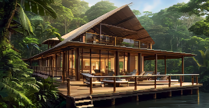 An eco-lodge in the Amazon Rainforest with wooden architecture, surrounded by trees and sunlight filtering through the leaves.