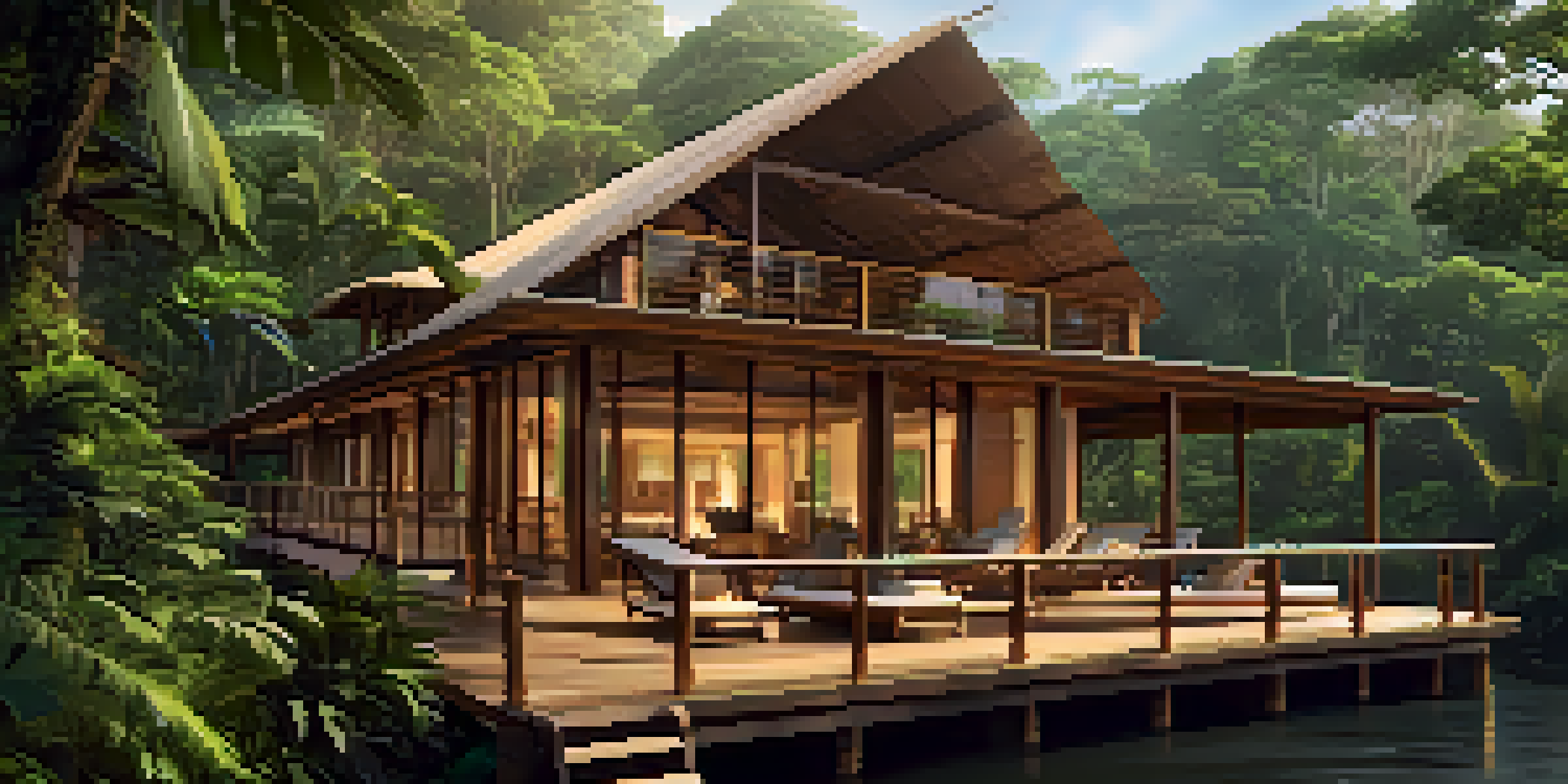 An eco-lodge in the Amazon Rainforest with wooden architecture, surrounded by trees and sunlight filtering through the leaves.