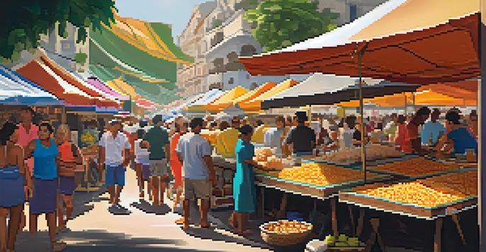 A lively Brazilian street food market with vendors selling coxinha and pastéis under a sunny canopy.