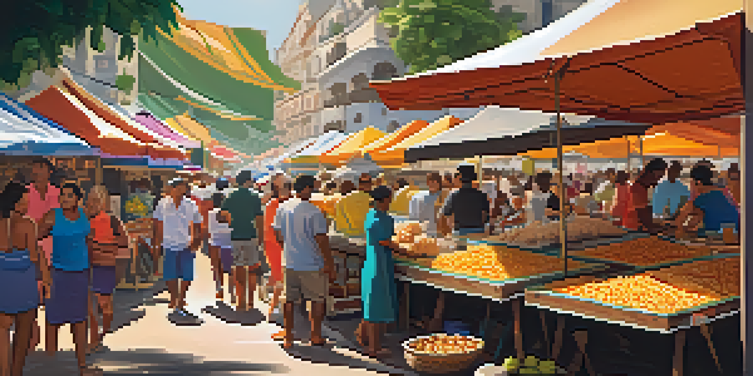 A lively Brazilian street food market with vendors selling coxinha and pastéis under a sunny canopy.
