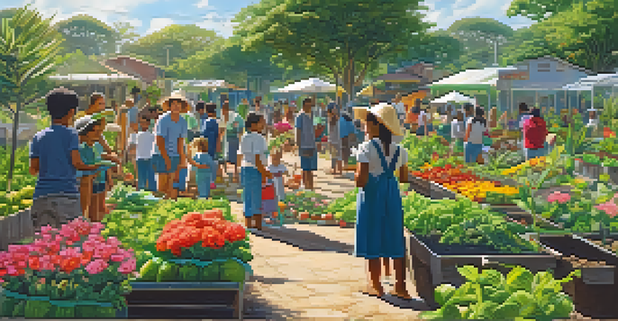 A lively community garden in Brazil with volunteers and families, showcasing colorful plants and flowers under bright sunlight.