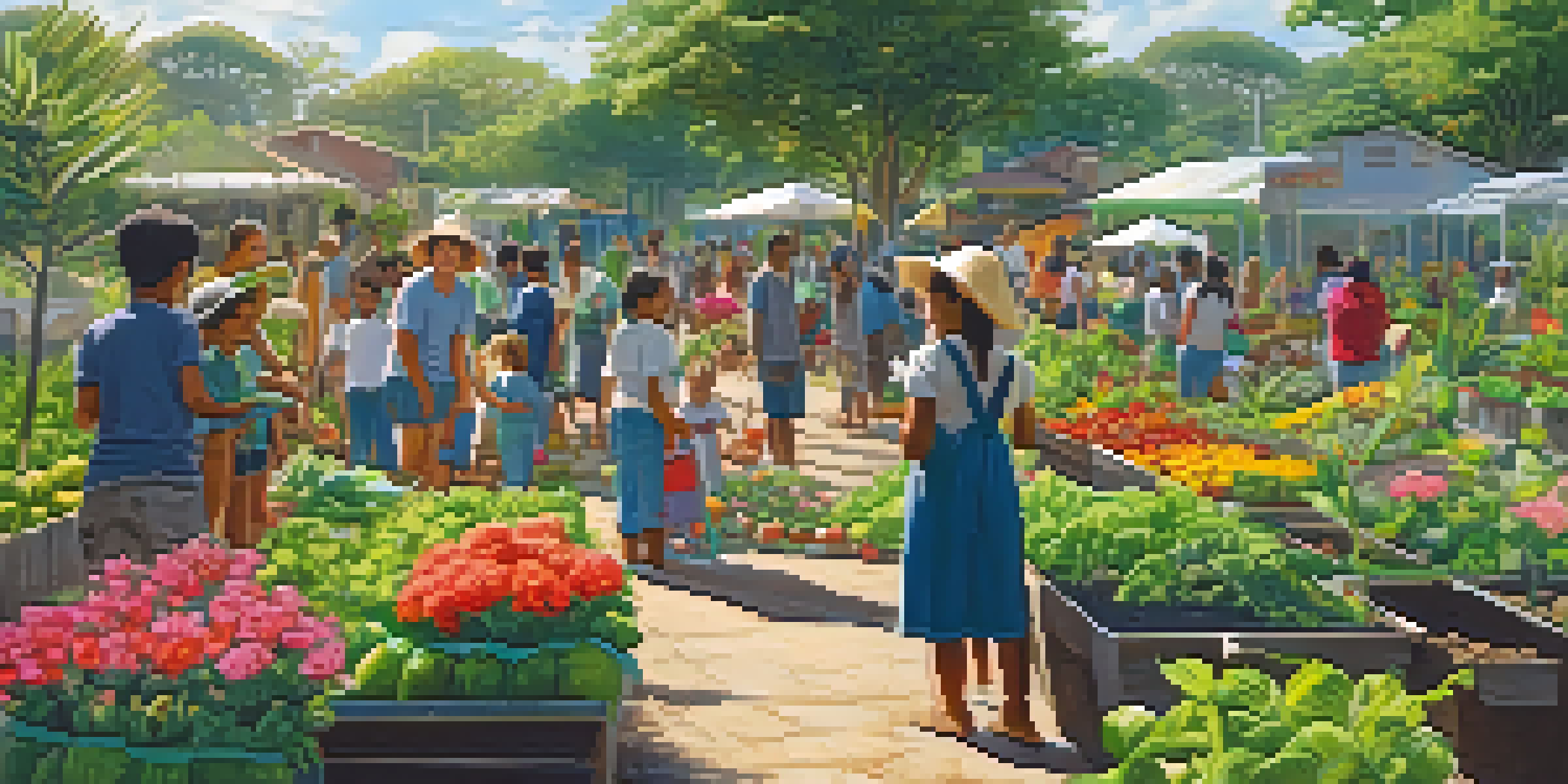 A lively community garden in Brazil with volunteers and families, showcasing colorful plants and flowers under bright sunlight.