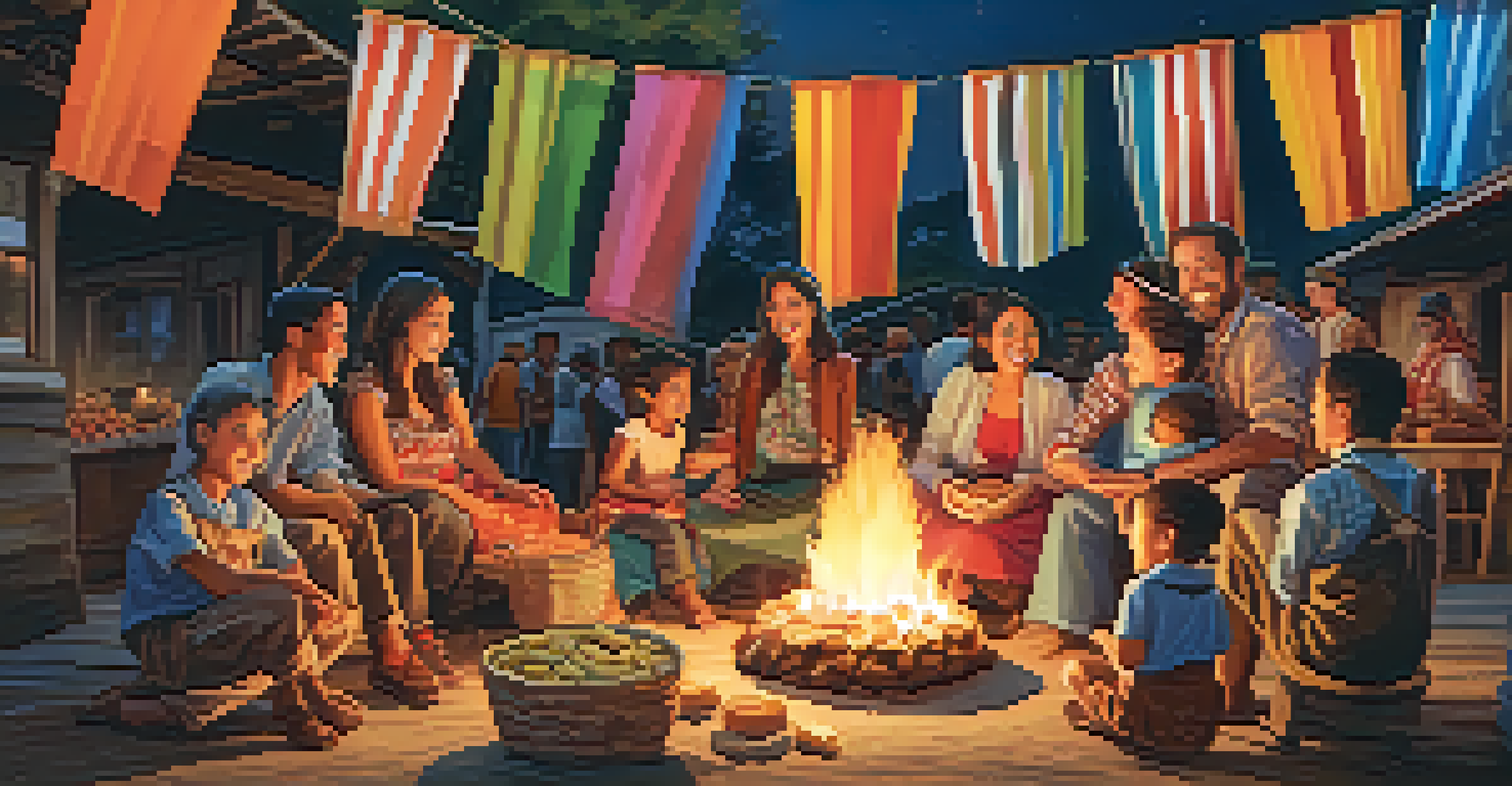 A festive Festa Junina gathering with families around a bonfire and traditional foods.