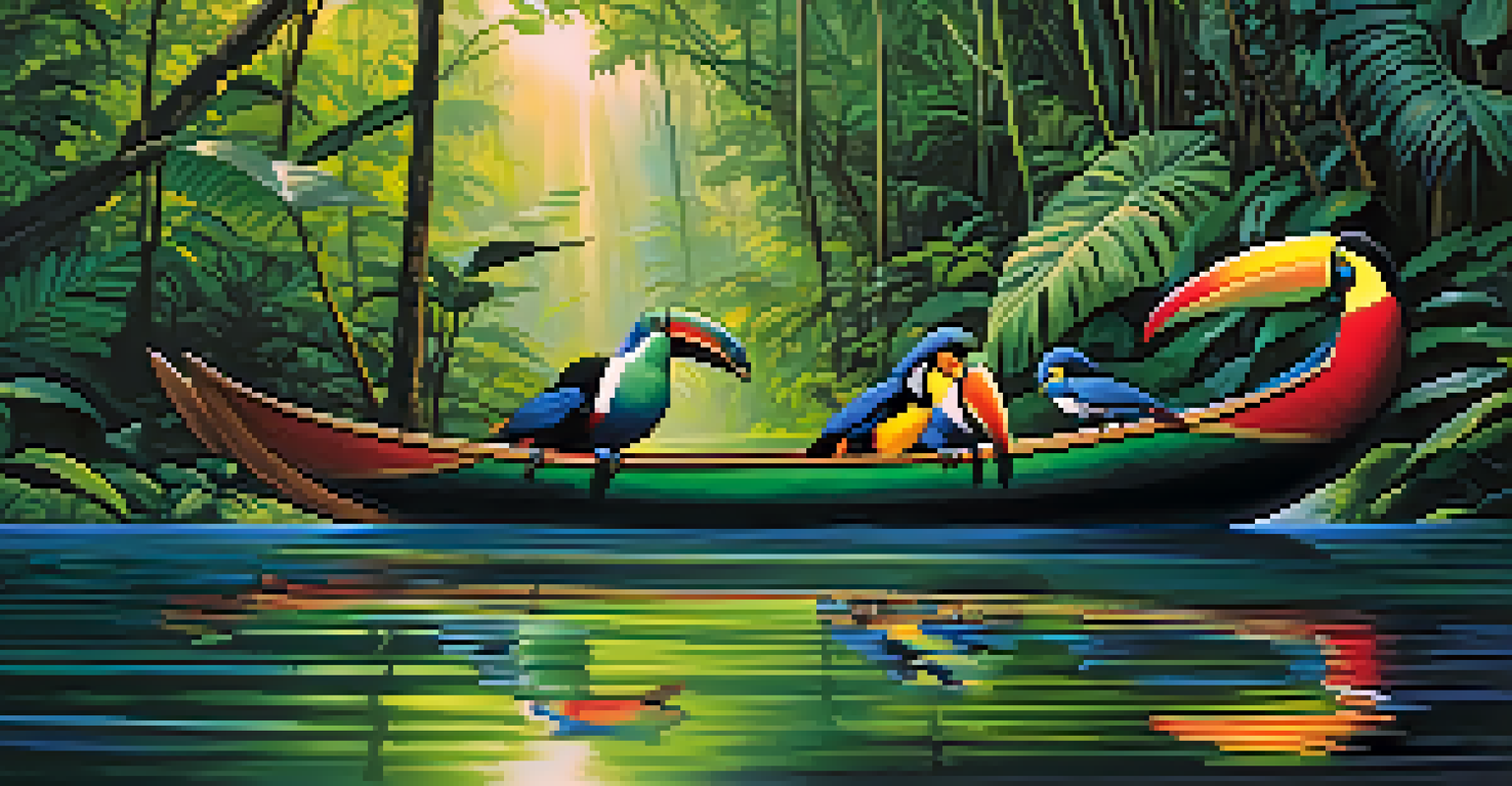 A peaceful view of a canoe in the Amazon Rainforest, surrounded by dense foliage and colorful toucans, with light filtering through the trees.