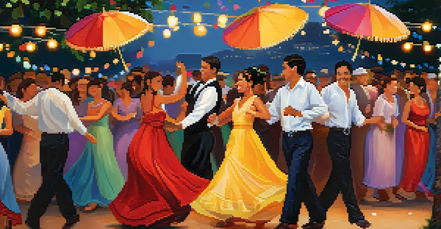 An outdoor festival in Brazil featuring couples dancing forró under lights, surrounded by joyful spectators and colorful decorations.
