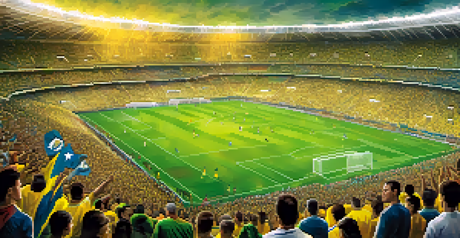 A panoramic view of a crowded football stadium during a Copa America match, with celebrating fans in green and yellow under bright stadium lights.