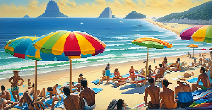A vibrant beach scene in Rio de Janeiro with Sugarloaf Mountain in the background, featuring colorful umbrellas and people enjoying the sun.