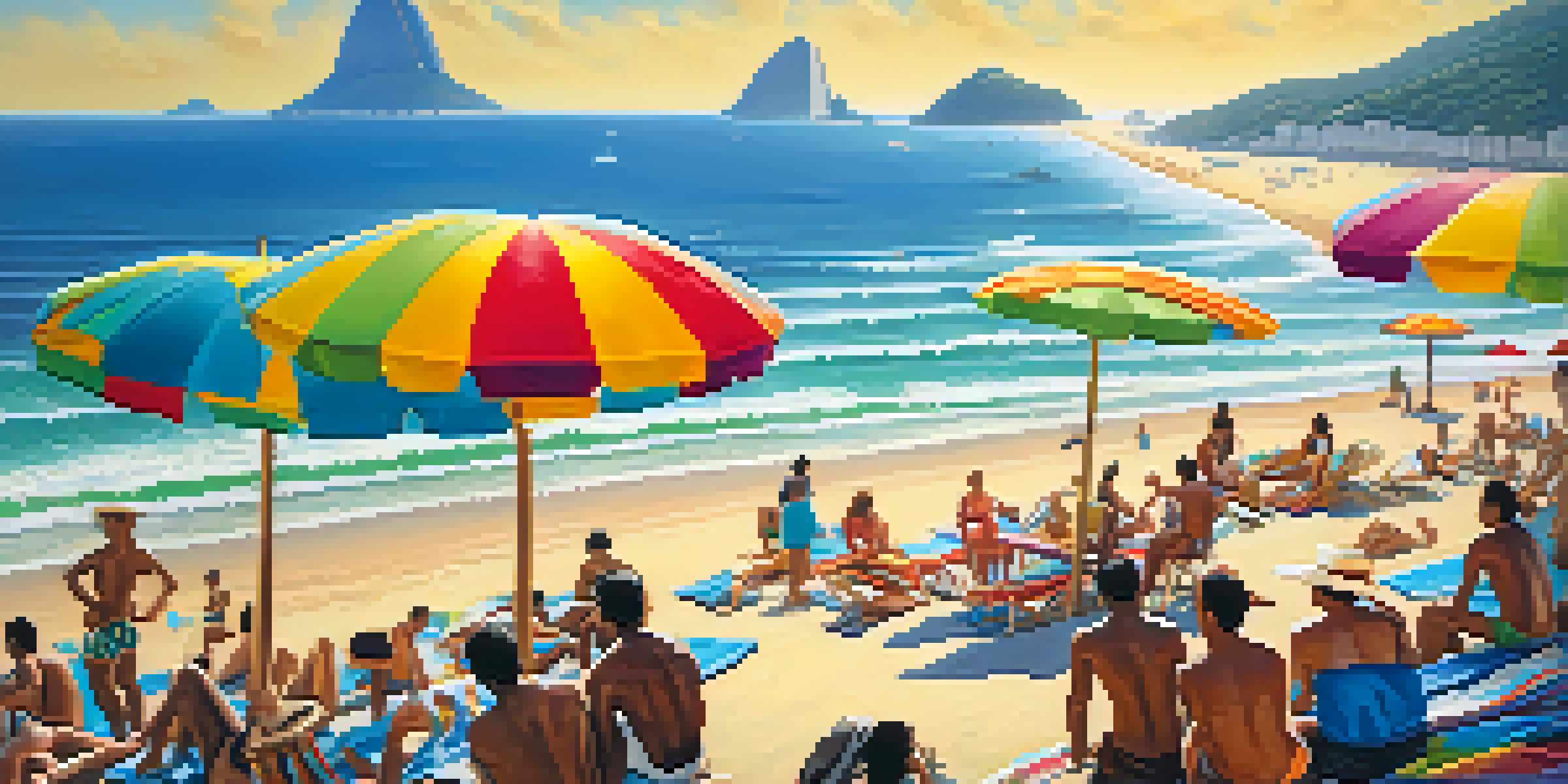 A vibrant beach scene in Rio de Janeiro with Sugarloaf Mountain in the background, featuring colorful umbrellas and people enjoying the sun.