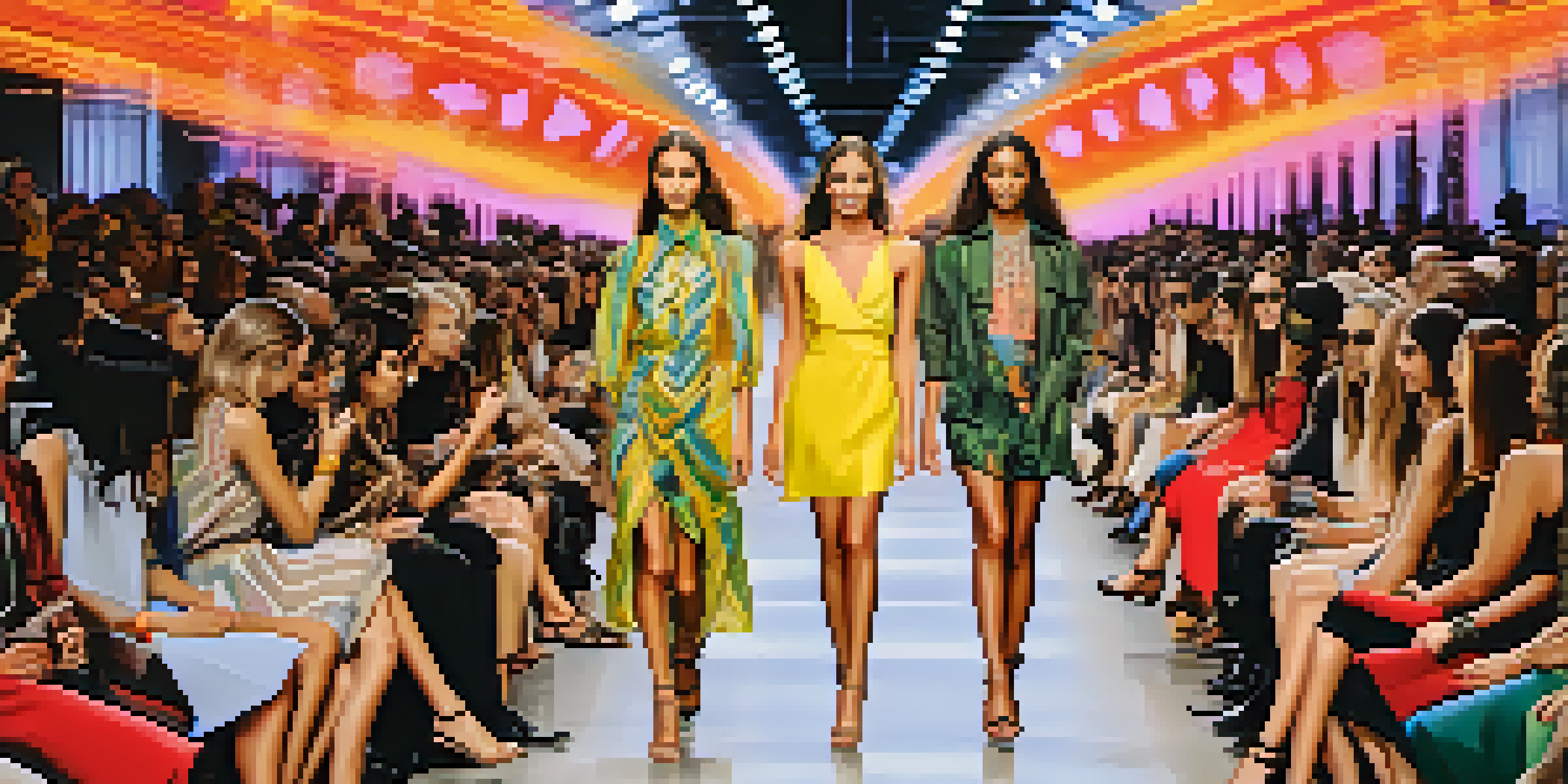 A lively fashion runway at São Paulo Fashion Week with models in colorful outfits and an engaged audience in the background.