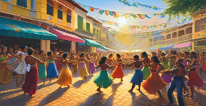 A lively scene at a Brazilian folklore festival featuring musicians with traditional instruments and dancers in colorful attire, under warm sunlight.