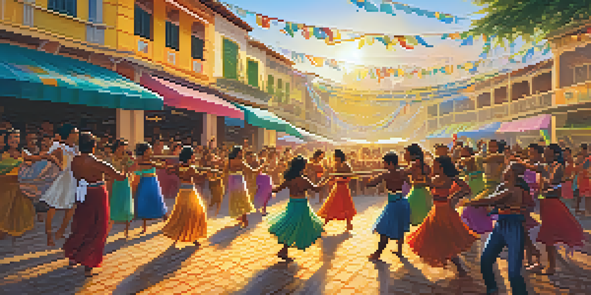A lively scene at a Brazilian folklore festival featuring musicians with traditional instruments and dancers in colorful attire, under warm sunlight.