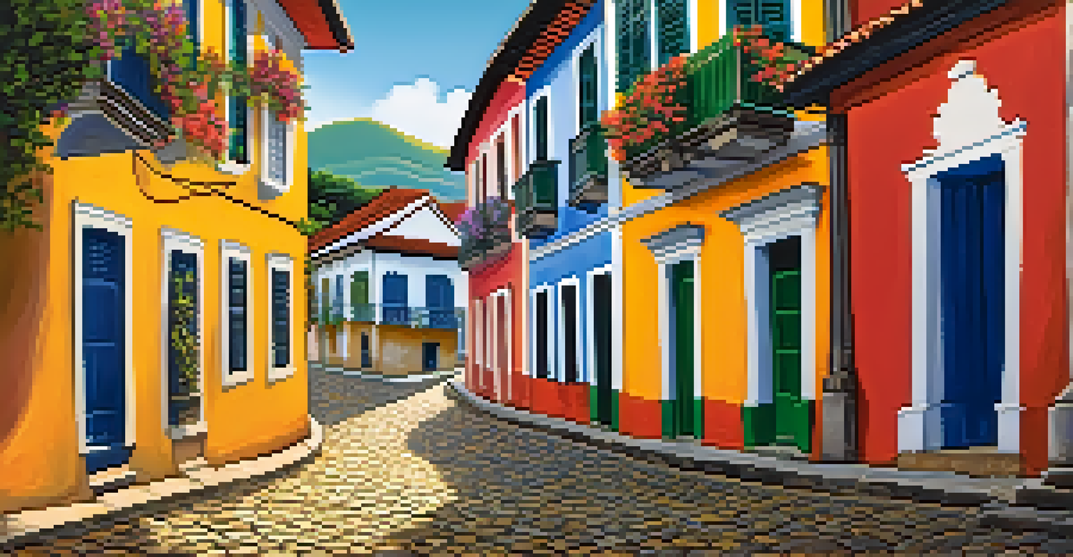 A lively street in Paraty with colorful colonial buildings and cobblestone paths, filled with people and flowers.