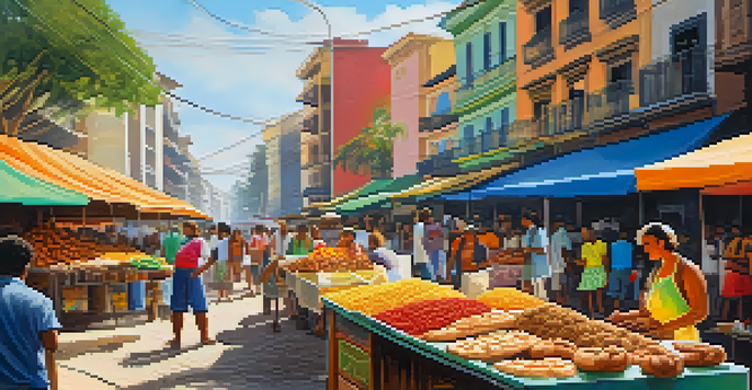 A lively Brazilian market scene with vendors selling street food and colorful tropical fruits under warm sunlight.