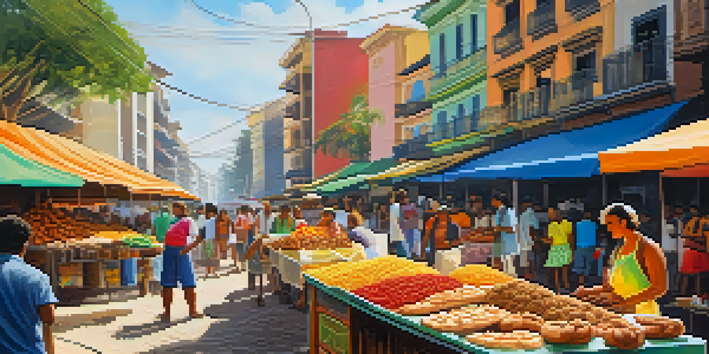 A lively Brazilian market scene with vendors selling street food and colorful tropical fruits under warm sunlight.