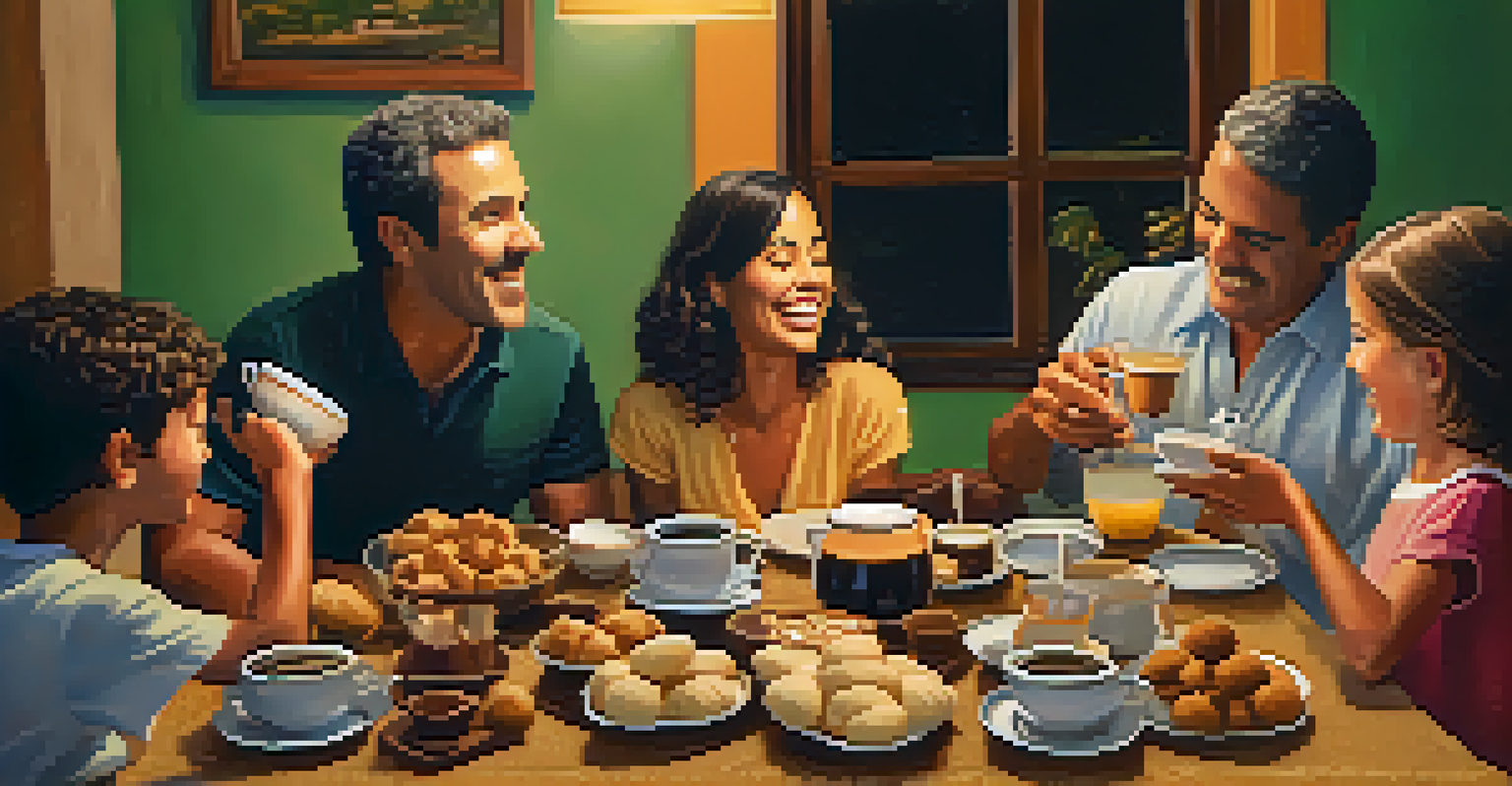 A family gathering in Brazil with coffee and traditional snacks, showcasing laughter and connection.