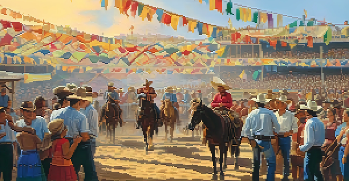 A lively outdoor festival scene featuring cowboys in traditional attire and colorful decorations, with a rodeo arena in the background and a sunset glow.