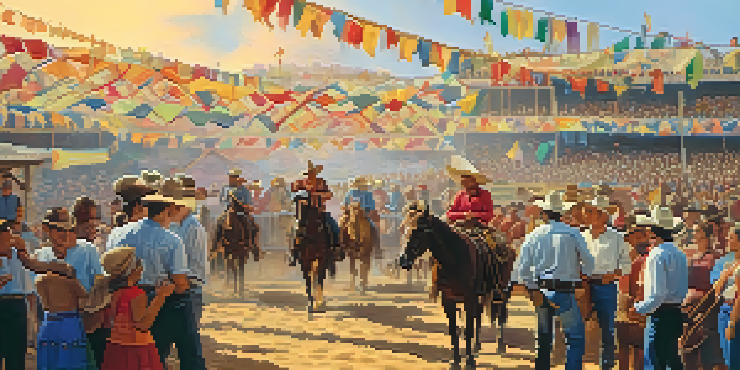 A lively outdoor festival scene featuring cowboys in traditional attire and colorful decorations, with a rodeo arena in the background and a sunset glow.