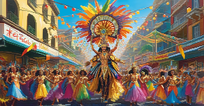 A carnival scene with Rei Momo leading a parade, surrounded by samba dancers in colorful costumes and decorated streets.