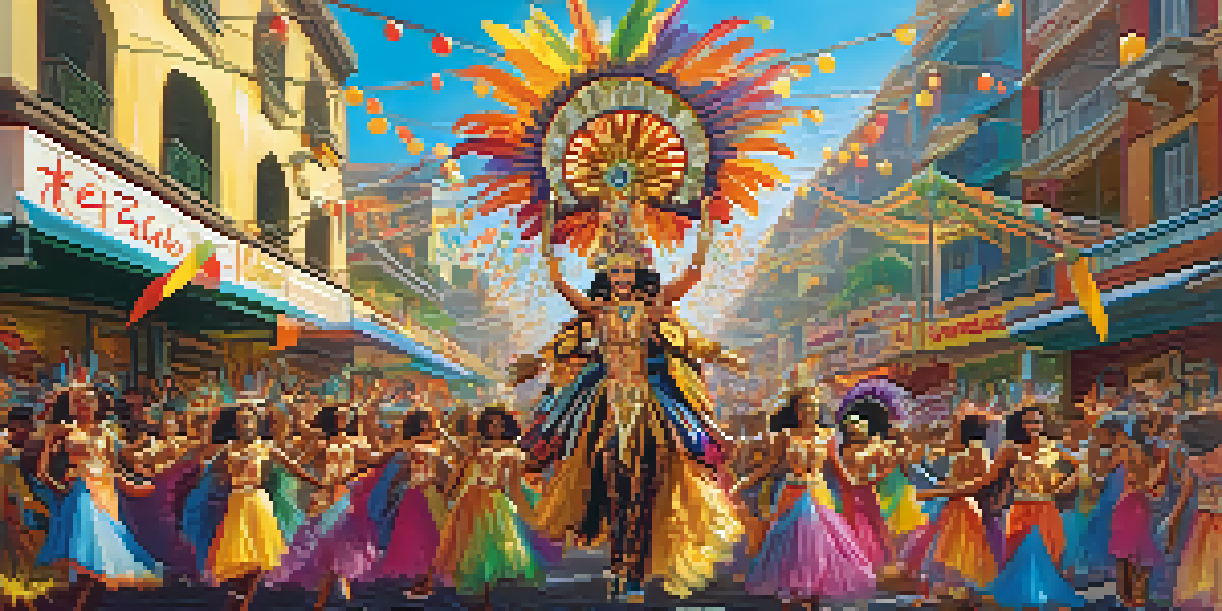 A carnival scene with Rei Momo leading a parade, surrounded by samba dancers in colorful costumes and decorated streets.