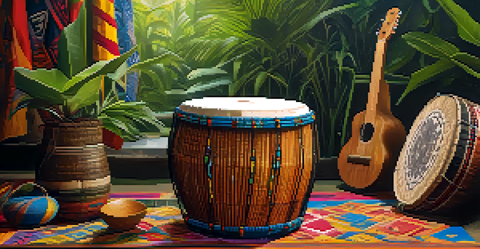 An atabaque drum surrounded by cultural symbols of Afro-Brazilian heritage, set on a colorful cloth in a serene outdoor environment.