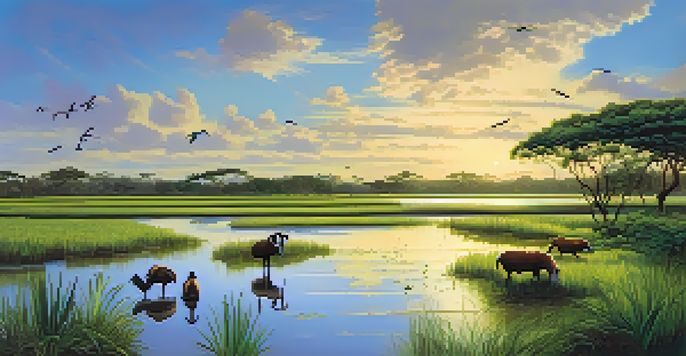 A scenic view of the Pantanal wetland with capybaras grazing near water and colorful birds flying in a bright sky.