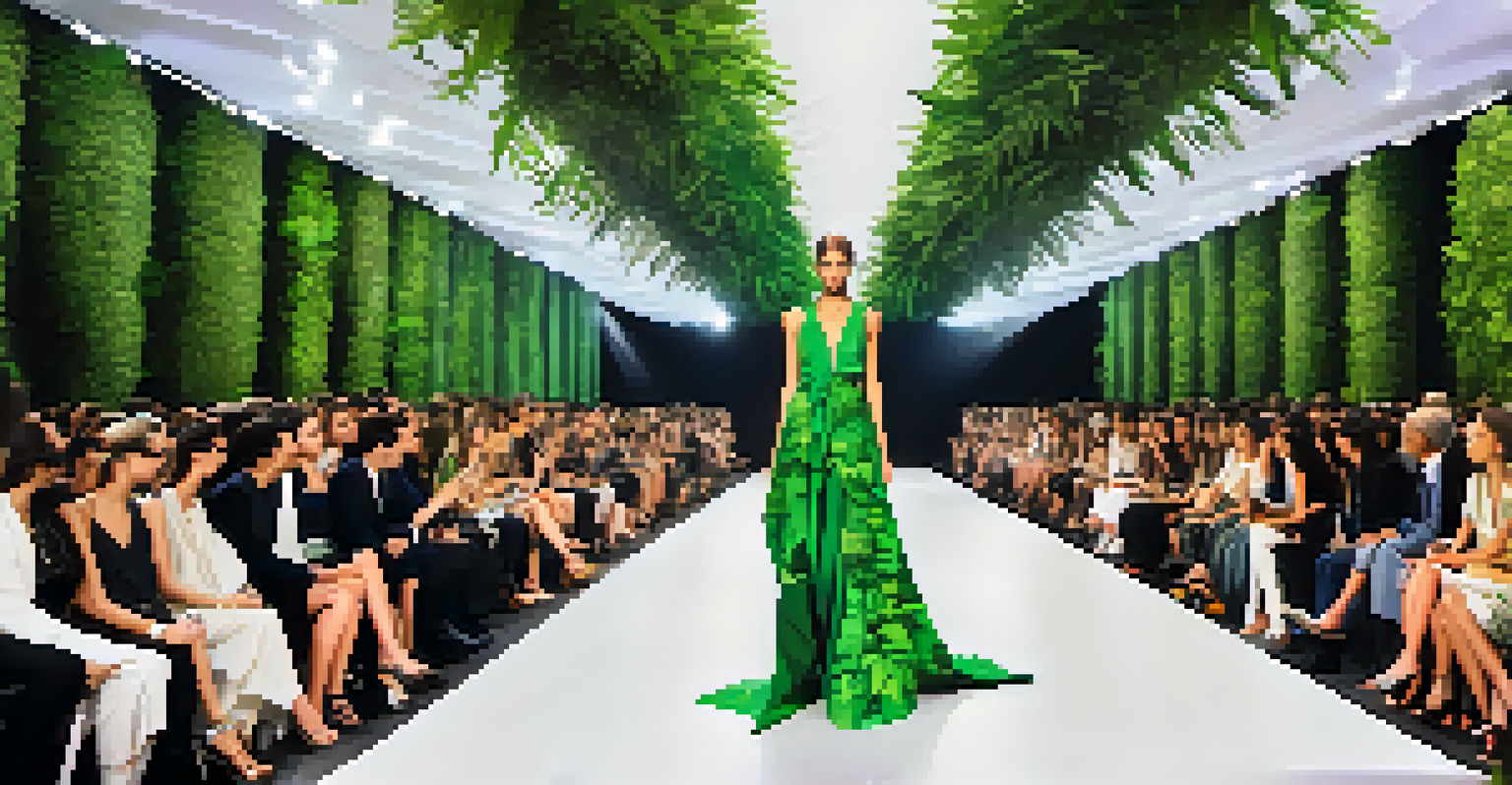 Models walking on the runway at São Paulo Fashion Week, showcasing avant-garde fashion designs with lush greenery in the background.