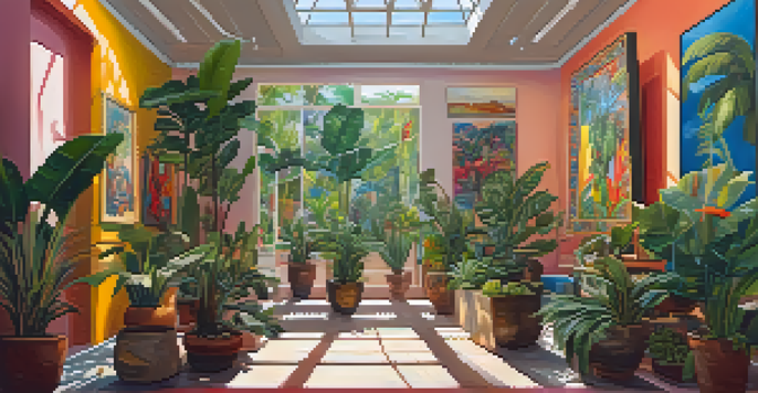Interior of a vibrant Brazilian art gallery filled with colorful artworks and visitors admiring the pieces.