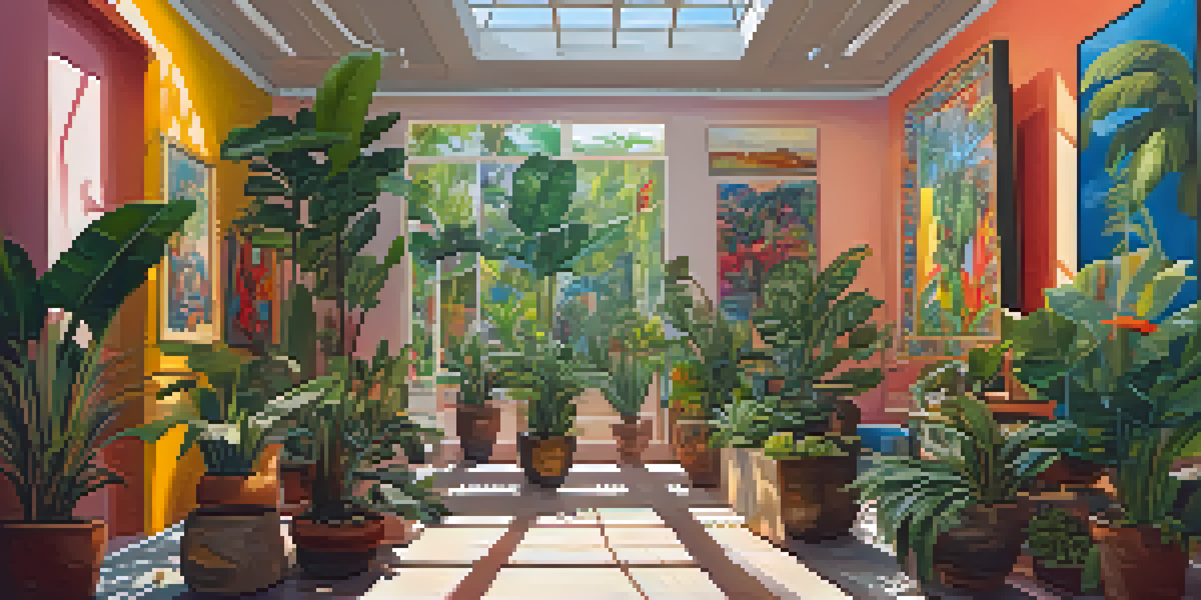 Interior of a vibrant Brazilian art gallery filled with colorful artworks and visitors admiring the pieces.