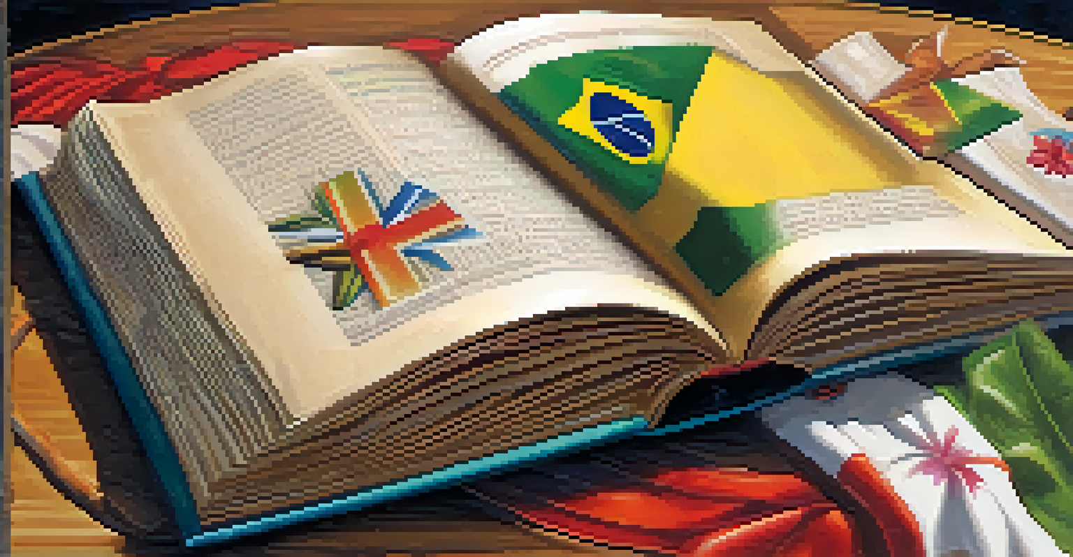 An open book with excerpts from Brazilian female authors, surrounded by cultural items and flowers, illuminated by natural light.