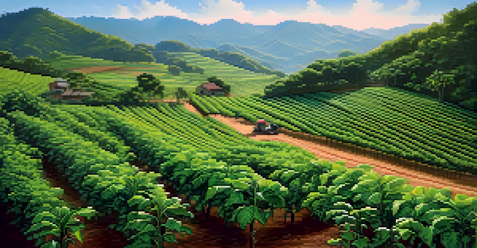 A Brazilian coffee farm with a drip irrigation system, showcasing healthy coffee plants and a scenic landscape.