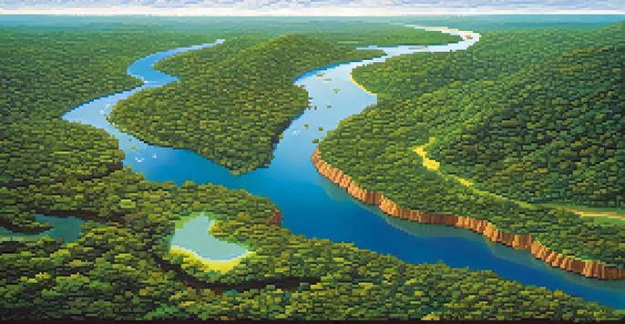Aerial view of the Amazon Basin with lush rainforests and winding rivers under golden sunlight.