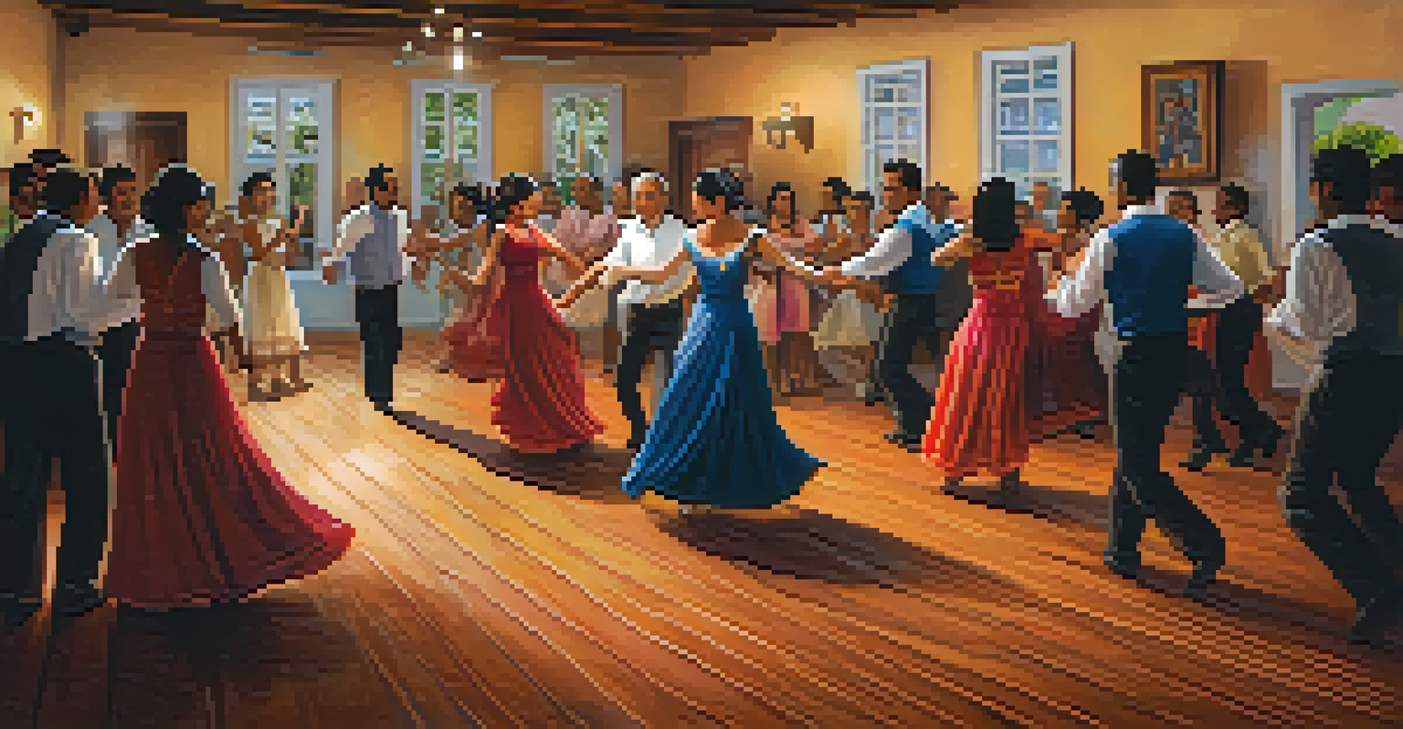 Couples dancing closely in a cozy community center during a forró gathering, with warm lighting and a small band in the background.