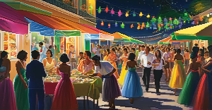 A lively street scene during the Luz e Som festival in Brazil, featuring colorful lights, musicians, dancers in traditional costumes, and food stalls.