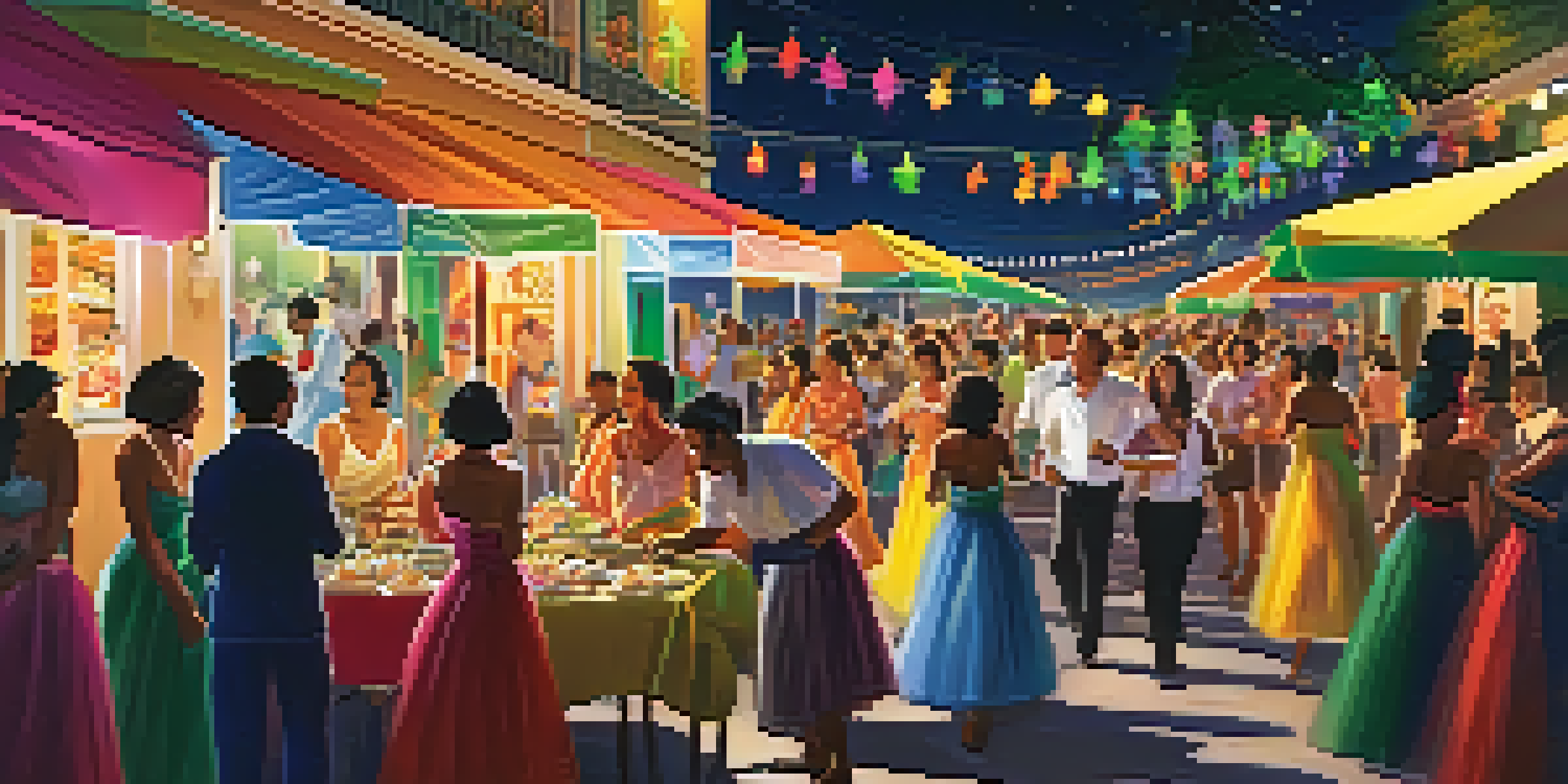 A lively street scene during the Luz e Som festival in Brazil, featuring colorful lights, musicians, dancers in traditional costumes, and food stalls.