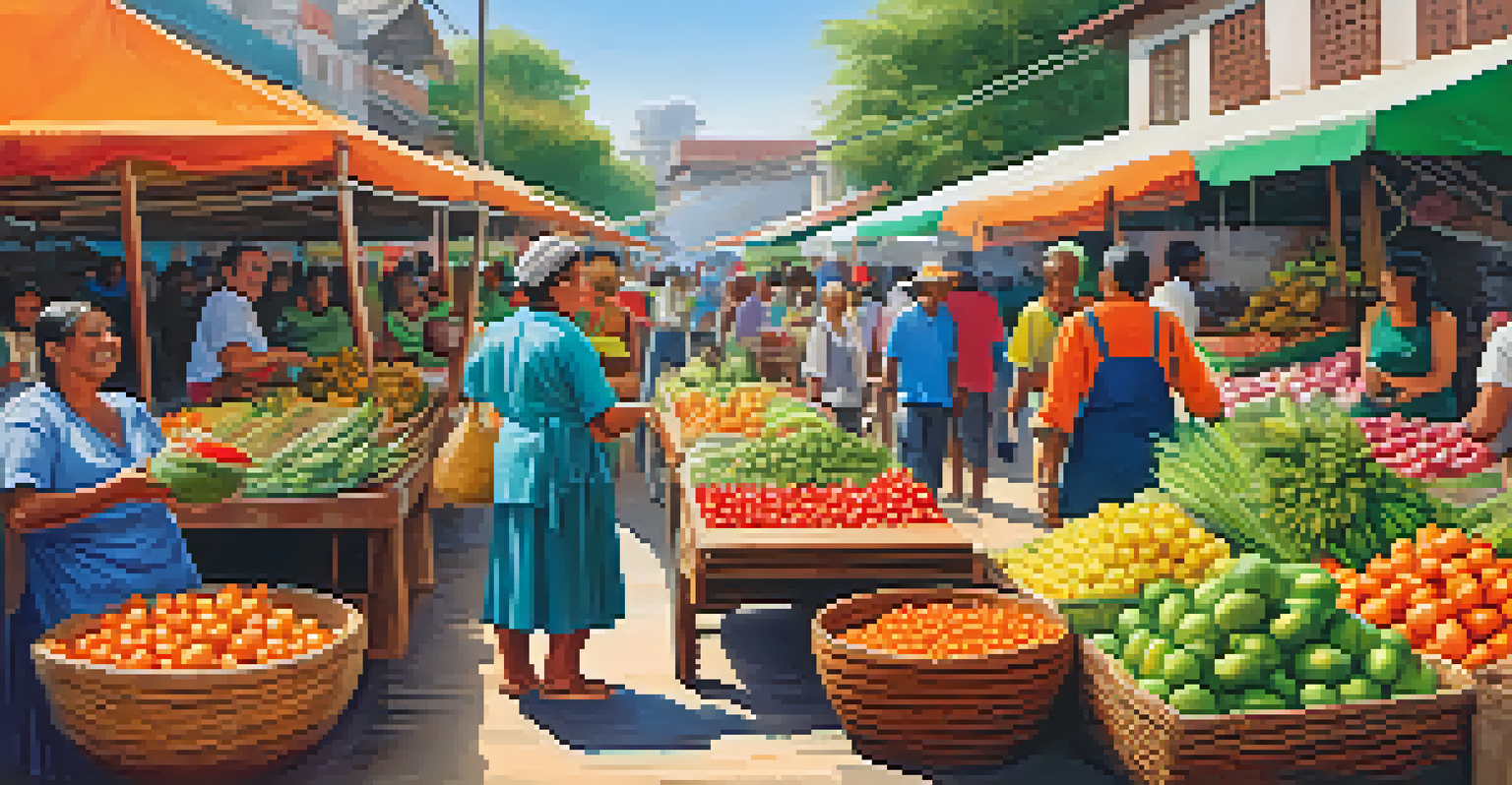 Lively local market scene with colorful stalls and smiling vendors in northeastern Brazil.