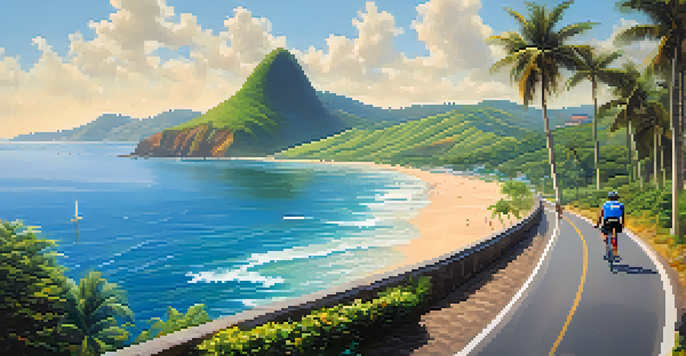 A cyclist on a coastal path in Brazil, with greenery on one side and the ocean on the other, under golden sunlight.