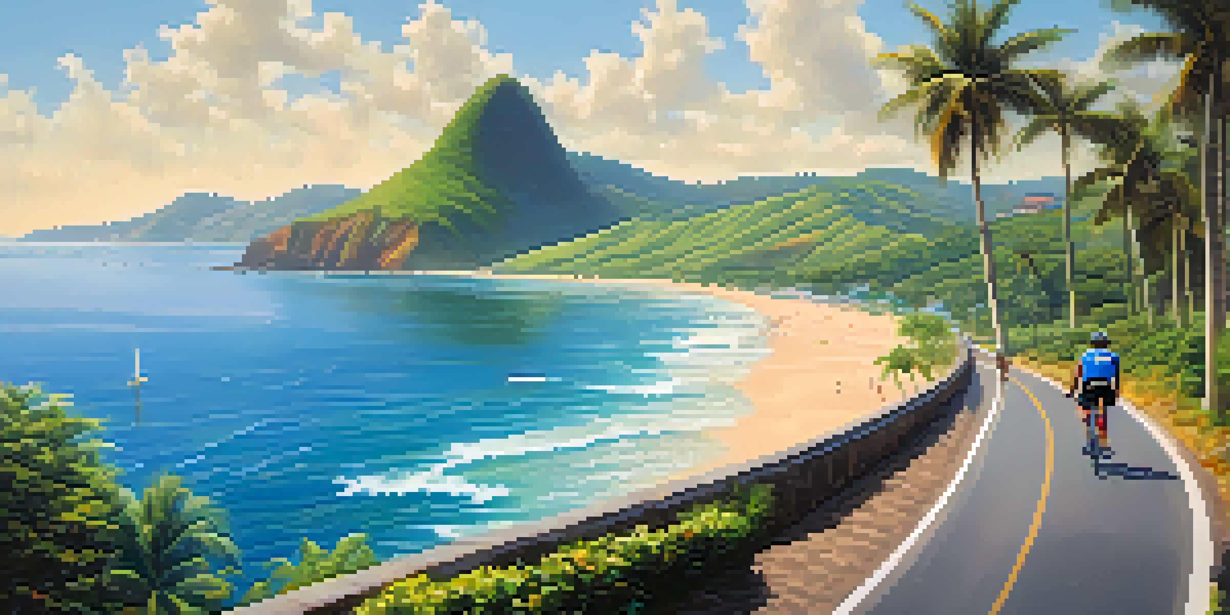 A cyclist on a coastal path in Brazil, with greenery on one side and the ocean on the other, under golden sunlight.