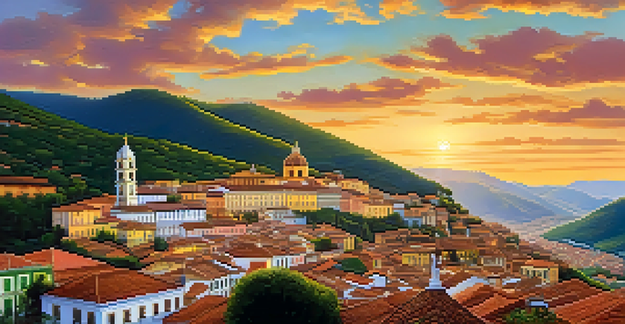 A picturesque view of Ouro Preto featuring Baroque architecture, cobblestone streets, and a sunset glow over colonial mansions.
