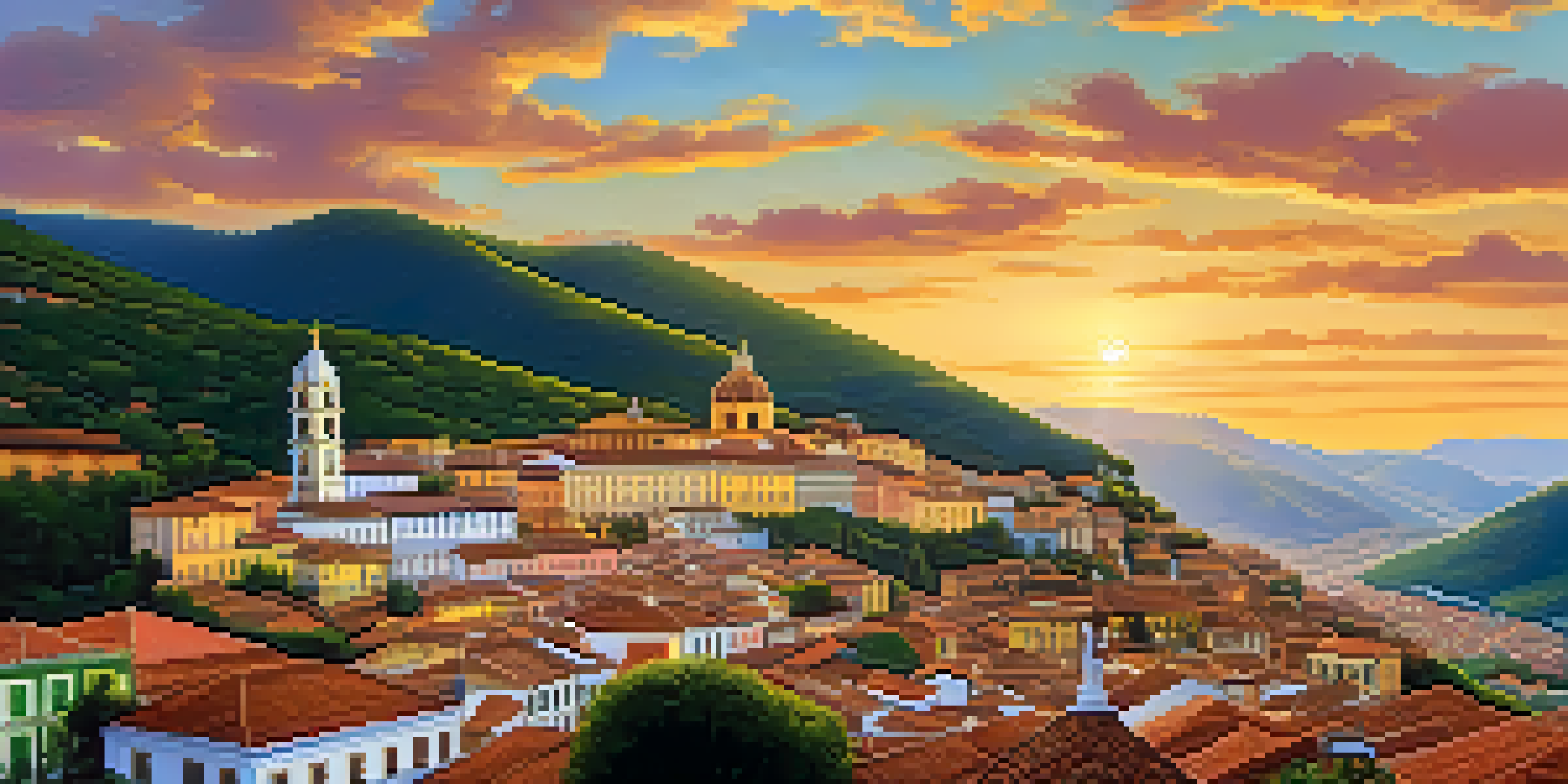 A picturesque view of Ouro Preto featuring Baroque architecture, cobblestone streets, and a sunset glow over colonial mansions.