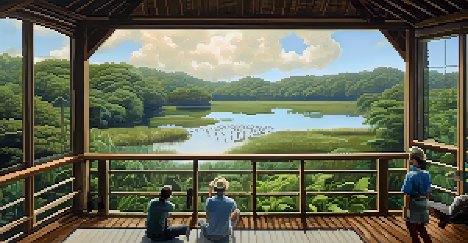 A peaceful birdwatching scene with a wooden deck overlooking a wetland, featuring a birdwatcher and flying migratory birds.