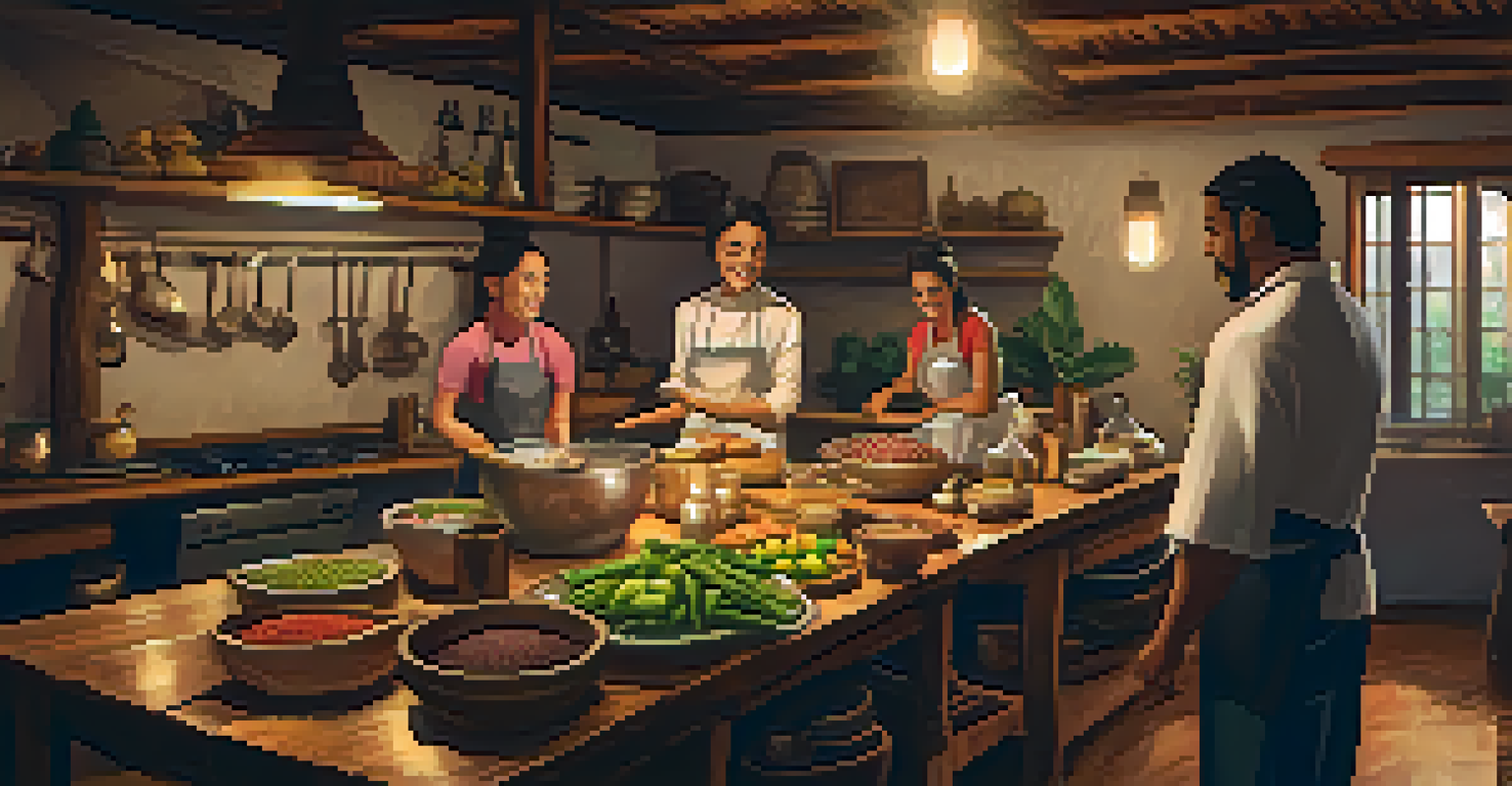 A cooking class in Brazil with a local chef teaching participants to make traditional feijoada, surrounded by fresh ingredients.