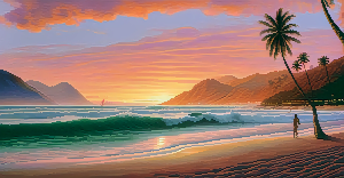 A beautiful sunset over Barra da Tijuca beach with surfers riding waves and mountains in the background.