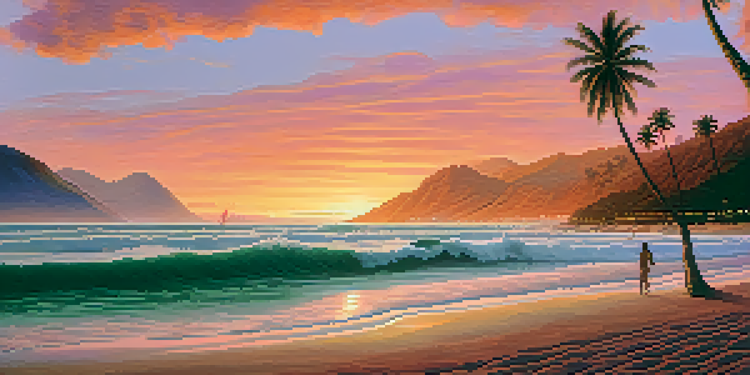 A beautiful sunset over Barra da Tijuca beach with surfers riding waves and mountains in the background.