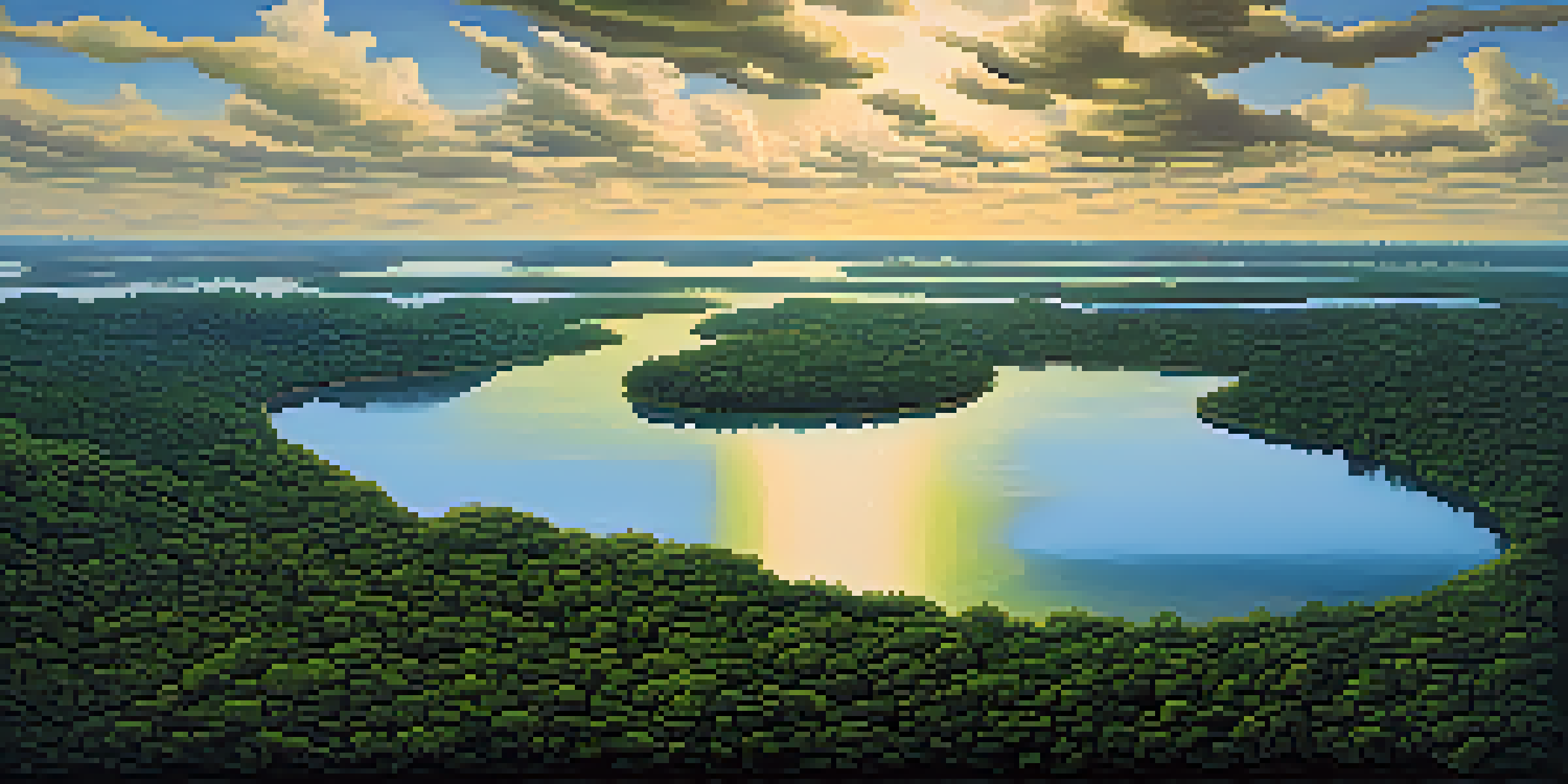 An aerial view of the Meeting of Waters in the Amazon, where dark and light waters meet, surrounded by dense green rainforest and a cloudy sky.