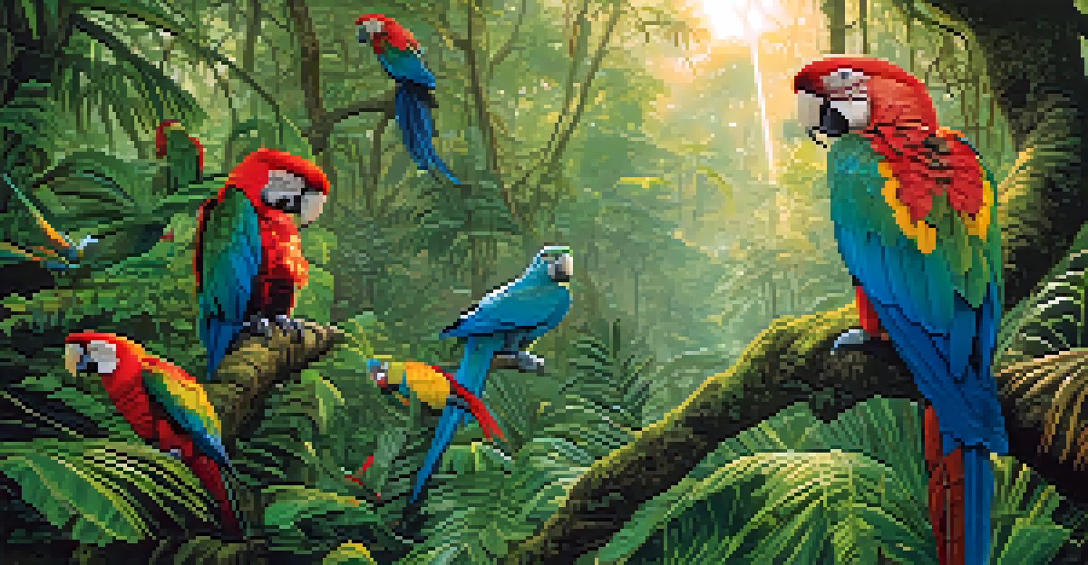 A vibrant rainforest scene featuring colorful birds, including a Red-shouldered Macaw, with sunlight filtering through the trees.