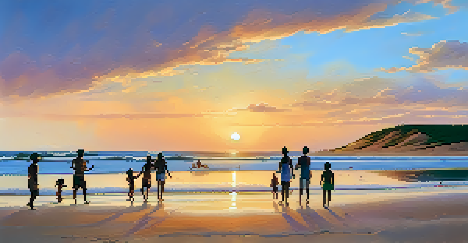 Families enjoying a sunset at Jericoacoara beach, with children playing on the sand dunes and parents relaxing.