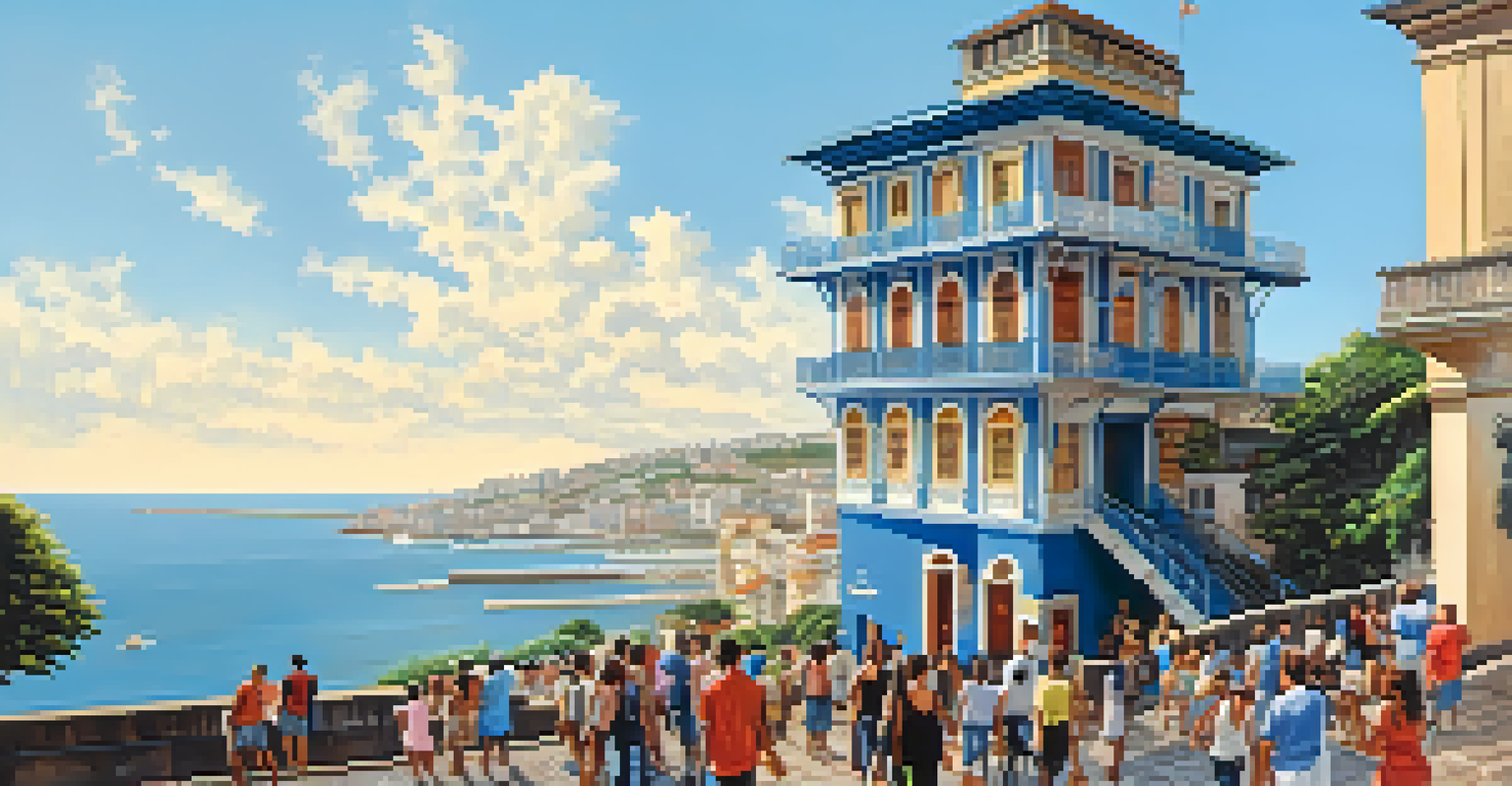 The Elevador Lacerda in Salvador, highlighting its architecture and people enjoying the views of the Bay of All Saints.